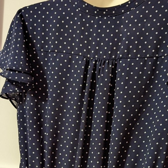 H&M Navy Blue V-neck Polk-A-Dot Midi Dress with Ruffled Sleeves & Tie Waist - Picture 6 of 11